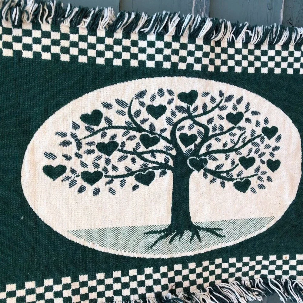 Woven table runner doily heart tree checkerboard country pattern fringe green